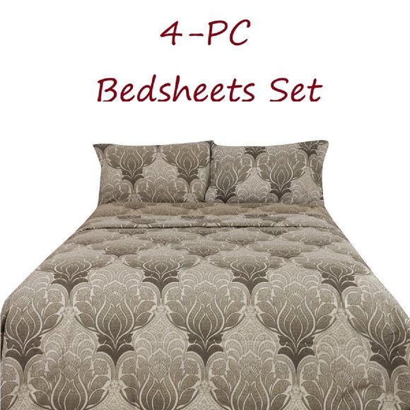 Printed Bed Sheets Set 4-pc Gray Floral Full Queen King size - Picture 1 of 1